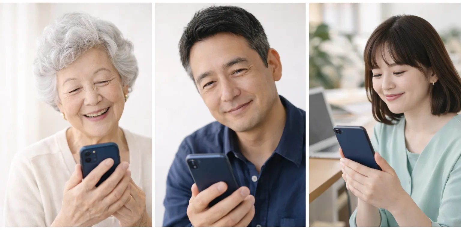 スマートフォンを見て安心している高齢の母と、離れた場所で通知を受け取り微笑む娘