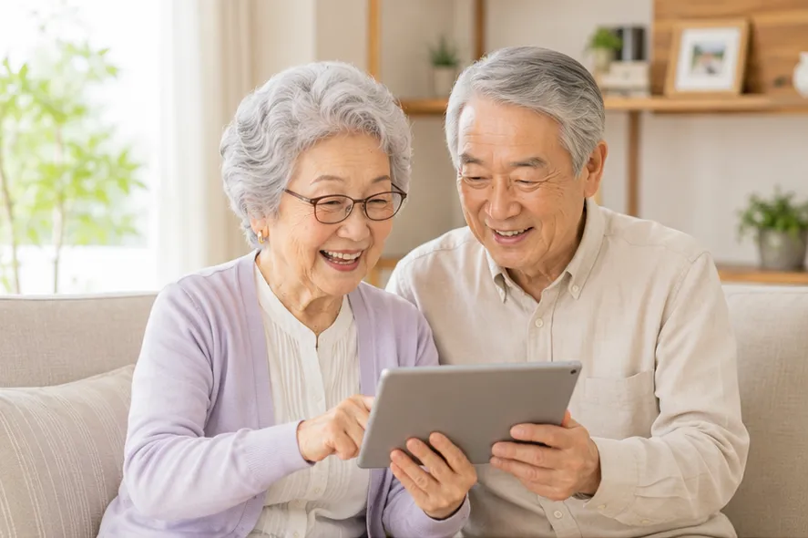 自宅でタブレットを一緒にのぞき込み笑い合う高齢のご夫婦