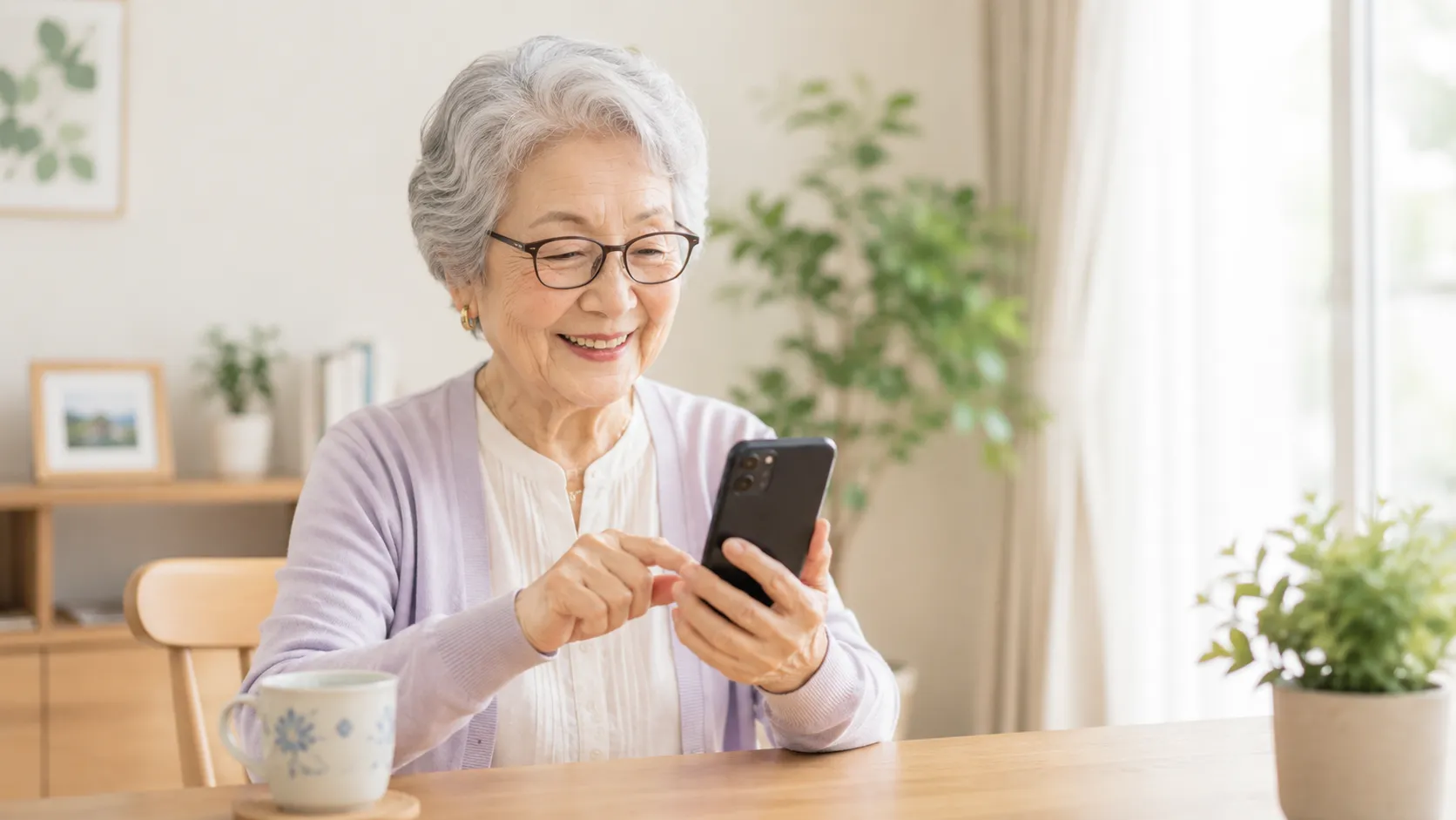 自宅でスマートフォンを楽しそうに操作する高齢の女性