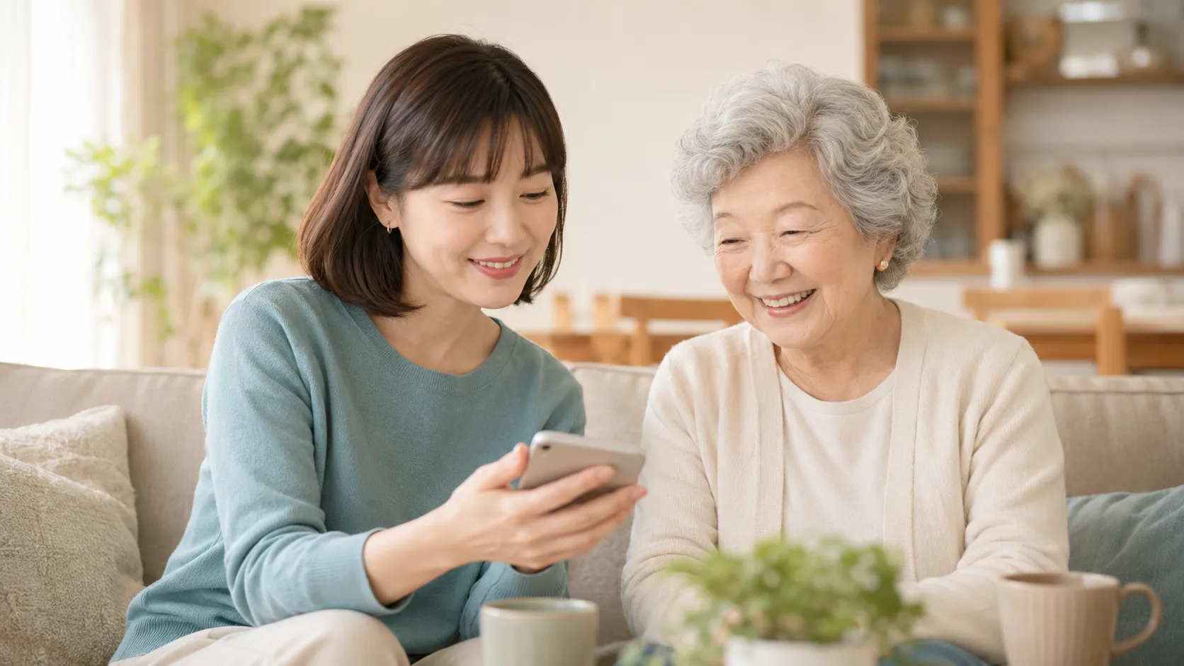 ソファでスマートフォンの画面を見せながら親と話す娘