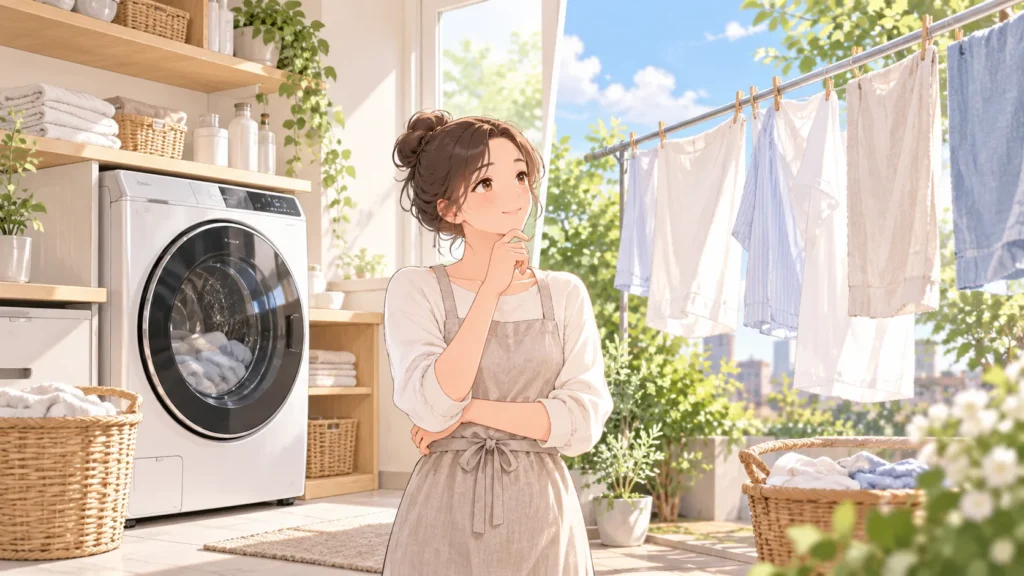 洗濯乾燥機と外干しを対比